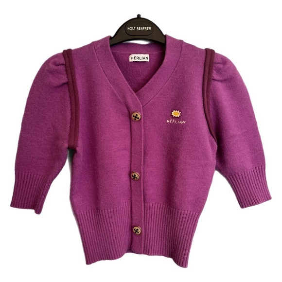 Herlian Daisy Cropped Short Cardigan Sweater Sz S Purple Knit  Feminine Dainty - Picture 1 of 14